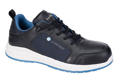 Portwest Eco Composite Trainer in black with white sides of sole, blue inside of shoe and bottom of sole. Blue panel on side and tongue and black laces.
