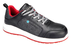 Portwest Eco Composite Trainer in black with white sides of sole, red inside of shoe and bottom of sole. Red panel on side and tongue and black laces.