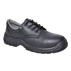 Black portwest compositelite S1P protective shoe. Shoe has a protective toe, scuff cap and has a black sole.