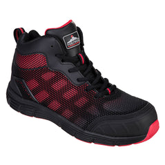 Black portwest compositelite Derwent boot. Boot has a protective toe and red contrast through out on the mesh side, tongue and heel tab of the boot. Boot has a black and red sole.