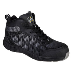 Black portwest compositelite Derwent boot. Boot has a protective toe and grey contrast through out on the mesh side, tongue and heel tab of the boot. Boot has a black and grey sole.