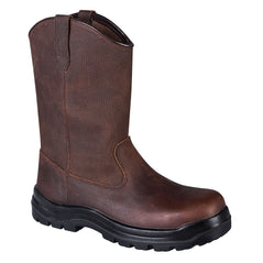 Brown Portwest Compositelite Indiana Rigger boot S3. Boot has a rigger attachment, Protective toe and black sole.
