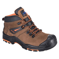 Brown Portwest Compositelite Montana Hiker boot S3. Boot has a black scuff cap, Sole and orange contrast on the sole and laces.