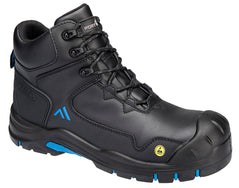 Portwest Apex Composite Mid Boot in black with laces, panels on front and side, scuff cap on toe, blue logo on side, and under sole and yellow ESD sticker on front.