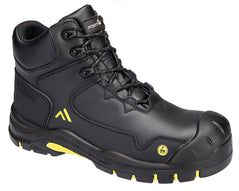 Portwest Apex Composite Mid Boot in black with laces, panels on front and side, scuff cap on toe, yellow logo on side, and under sole and yellow ESD sticker on front.