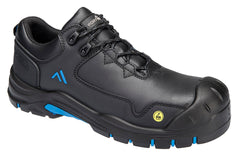 Portwest Apex Composite Shoe in black with laces, panels on front and side, scuff cap on toe, blue logo on side, and under sole and yellow ESD sticker on front.