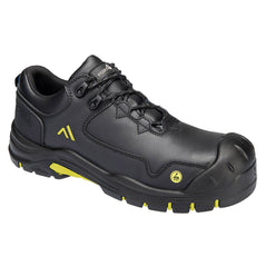 Portwest Apex Composite shoe in black with laces, panels on front and side, scuff cap on toe, yellow logo on side, and under sole and yellow ESD sticker on front.