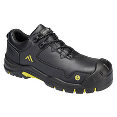 Portwest Apex Composite shoe in black with laces, panels on front and side, scuff cap on toe, yellow logo on side, and under sole and yellow ESD sticker on front.