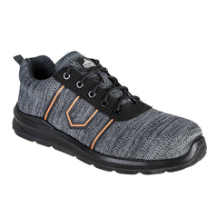 Grey portwest compositelite argen 3 trainer. Boot has a protective toe and orange contrast on the sides. Trainer also has a black area around the laces and a black sole.