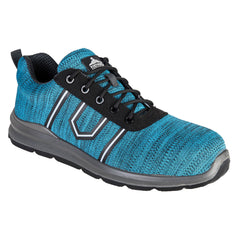 Teal portwest compositelite argen 3 trainer. Boot has a protective toe and white contrast on the sides. Trainer also has a black area around the laces and a grey/black sole.