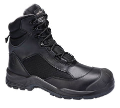 Portwest Occupational Boot in black leather with mesh panel on side, laces, scuff cap and high at ankle.
