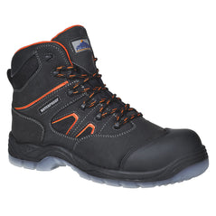 Black portwest compositelite all weather S3 boot. Boot has a protective toe and orange contrast through out on the stitching and laces. Boot has a clear blue sole.