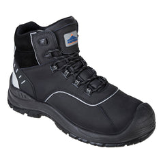 Black portwest compositelite avich S3 boot. Boot has a protective toe and white contrast through out on the stitching and laces. Boot has a black sole.