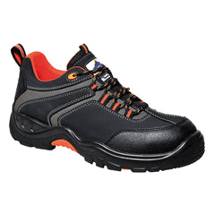 Black Operis Shoe with laces, orange inside and orange and grey panels on outer shoe.