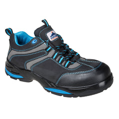 Black Operis Shoe with laces, blue inside and orange and grey panels on outer shoe.