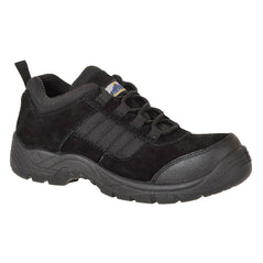 Black portwest compositelite S1 Trouper protective shoe. Shoe has a protective toe, scuff cap and has a black sole. Boot has a fabric material mid.