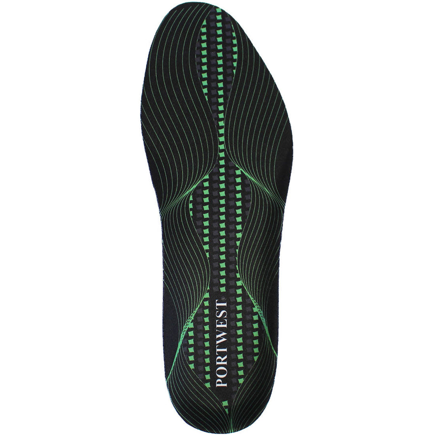 Gel Cushion Arch Support Insole with black and green patterns.