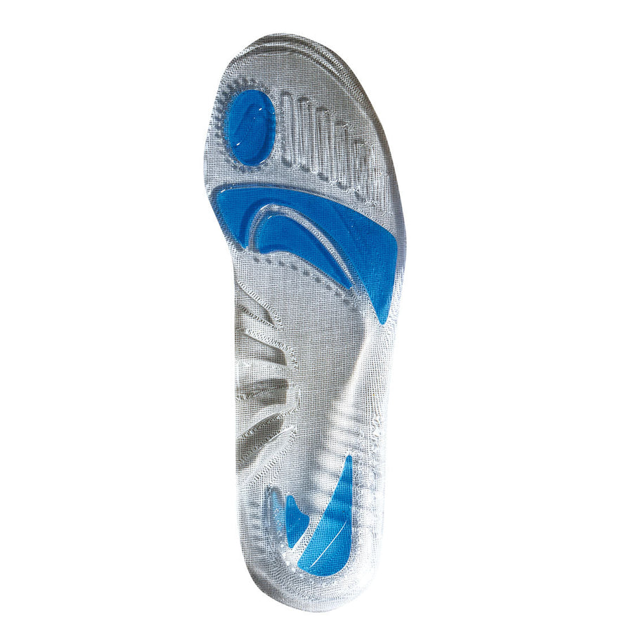 Grey gel cushioning insole with blue markings.