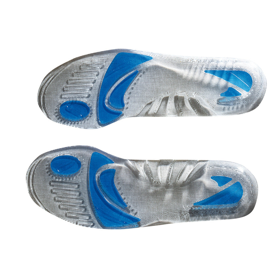Grey gel cushioning insole with blue markings.