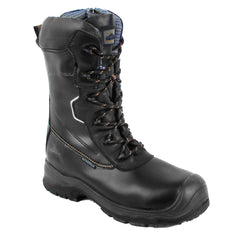 Black portwest compositelite Traction 10 inchs S3 safety boot. Boot has a protective toe, scuff cap and has a black sole.