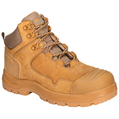 Portwest Wheat Apex Composite Mid Boot in what brown/tan with laces, panels on sides, sole and scuff cap.