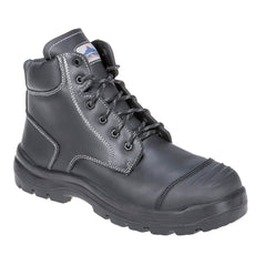Black Clyde safety boot with black laces and a steel toe cap.