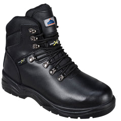Black Portwest Steelite Met Protector Safety Boot. Boot has a black sole, Protective toe and black and laces. Boot also has metatarsal protection. 