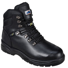 Black Portwest Steelite Met Protector Safety Boot. Boot has a black sole, Protective toe and black and laces. Boot also has metatarsal protection.