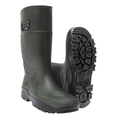 Green Pu safety wellington S5. Wellington has a protective toe and black sole.