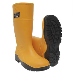 Yellow Pu safety wellington S5. Wellington has a protective toe and black sole.