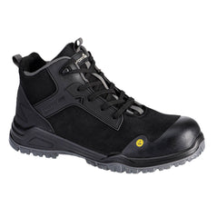 Portwest Bevel Composite Mid Boot in black with laces, mesh panels and PU panels and scuff cap. Grey fabric inside, on tongue and under sole. Yellow ESD sticker on front corner.
