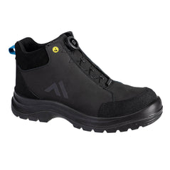 Portwest Ridge Composite Mid Boot in black with leather outside, blue tag on back, yellow ESD sticker and wire laces with fastener.