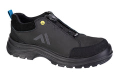 Portwest Ridge Composite Low Shoe in black with leather outside, blue tag on back, yellow ESD sticker and wire laces with fastener.