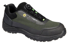 Portwest Girder Composite Low Shoe in green with black panels on outside, blue tag on back, yellow ESD sticker and wire laces with fastener.