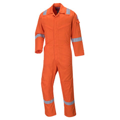 Orange coverall with zip front fasten and hi vis bands on both ankles arms and shoulders.pockets with zip fasten on both sides of the chest. pockets made visible for kneepads.