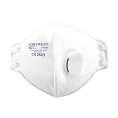 White FFP3 fold flat mask with white straps, a white valve and blue writing.
