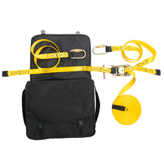 Black portwest temporary horizontal lifeline. Lifeline has black pouch area and yellow lifeline straps to help with fall protection.