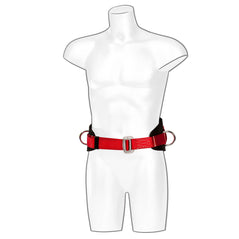 Portwest work positioning belt, belt has black padding and a red support area. Belt also has d ring loops for connection.
