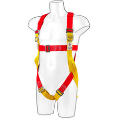 Yellow and red Portwest two point fall arrest plus harness. Harness has a chest and waist harness area, and tightening points thorough out. D ring loops for connection.