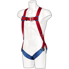 Blue and red Portwest one point fall arrest harness. Harness has a chest clip and tightening points thorough out.