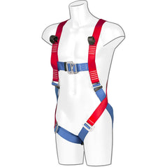 Blue and red Portwest two point fall arrest harness. Harness has a chest and waist harness area, and tightening points thorough out. D ring loops for connection. Harness has black loops on the chest area.