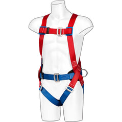Blue and red Portwest two point fall arrest comfort harness. Harness has a chest and waist harness area, and tightening points thorough out. D ring loops for connection.
