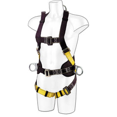 Black and Yellow Portwest two point fall arrest comfort harness. Harness has a chest and waist harness area, and tightening points thorough out. D ring loops for connection.