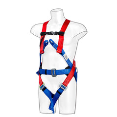 Red Portwest 3 Point Fall arrest Harness with blue straps with secure black chest strap, 3 point harness with tightening points, loops and d ring loops through out.