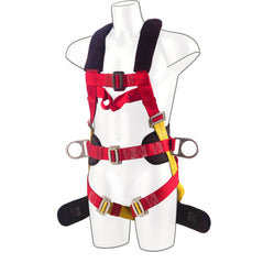 Red Portwest 3 Point Fall arrest comfort plus Harness with yellow straps with secure black chest strap, 3 point harness with tightening points, loops and d ring loops through out. Harness also has padded black areas on the bottom, middle and shoulders of the harness.