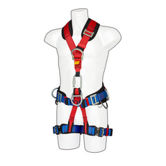 Red Portwest four Point Fall arrest comfort plus Harness with blue straps. Four point harness with tightening points, loops and d ring loops through out. Harness also has padded black areas on the bottom, middle and shoulders of the harness.