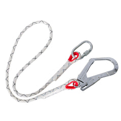 White roped Kernmantle Restraing Lanyard, Lanyard has black detail on the ropes, red loops as well as silver carabiner and scaffold hook.