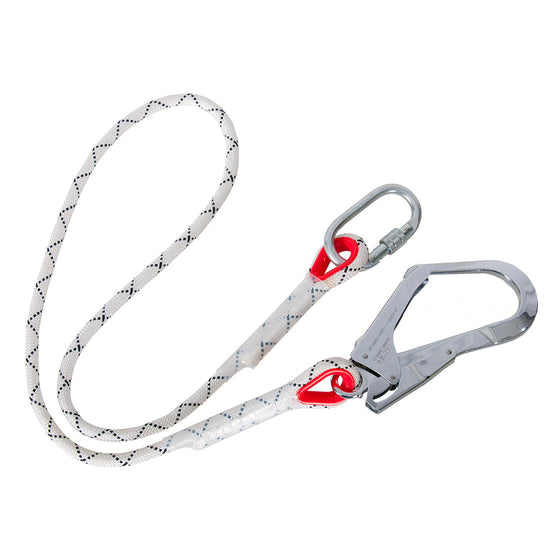 White roped Kernmantle Restraing Lanyard, Lanyard has black detail on the ropes, red loops as well as silver carabiner and scaffold hook.