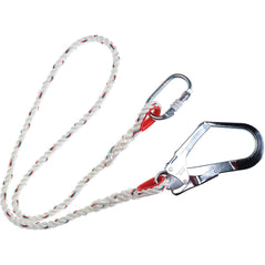 Portwest Single restraint lanyard. Lanyard has silver scaffold hook and silver carabiner, and a white rope main section to the lanyard.
