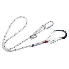 Restraint lanyard with white rope silver carabiner and hook.